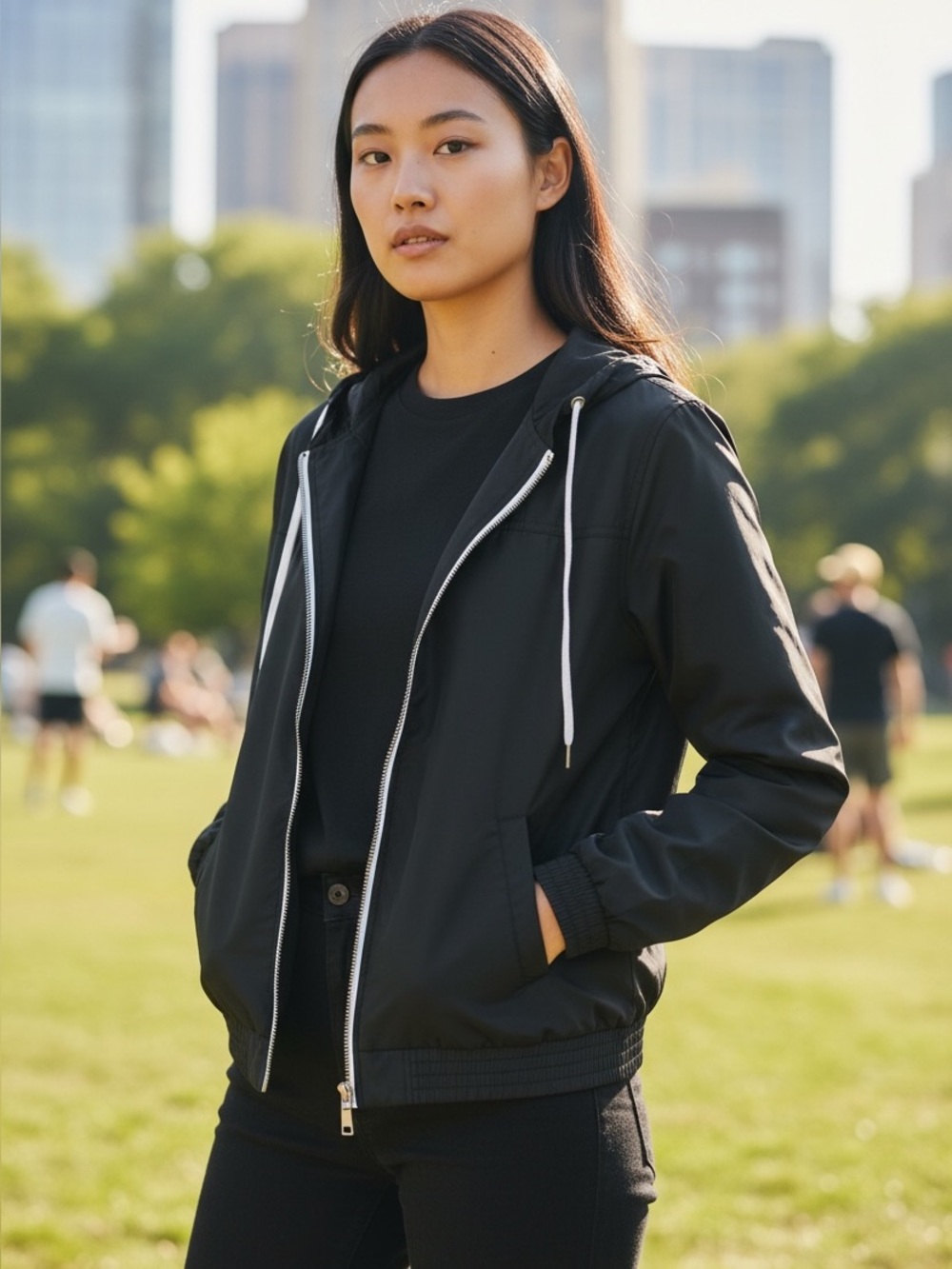 Women Zine Clothing Black Windbreaker with White Zip and Drawcords